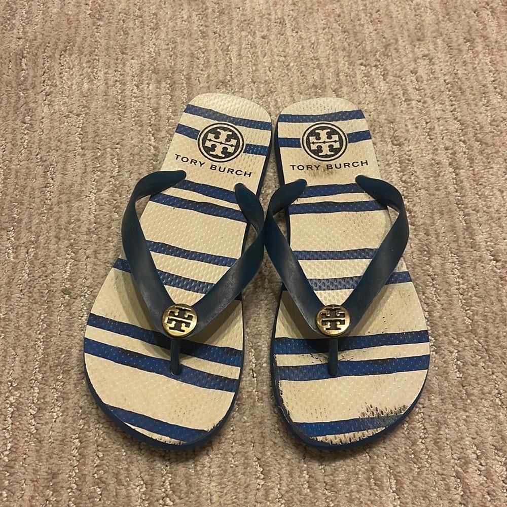 Tory Burch blue and white flip flops
